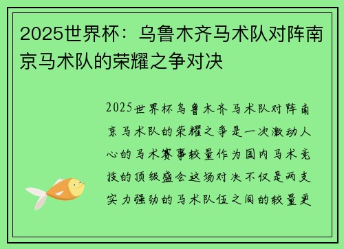 2025世界杯：乌鲁木齐马术队对阵南京马术队的荣耀之争对决