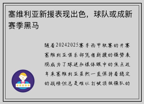 塞维利亚新援表现出色，球队或成新赛季黑马